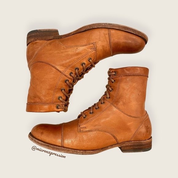 Frye Erin Lug Work Lace Up Combat Cognac Brown Leather Winter Fall Ankle Boot - Picture 16 of 16